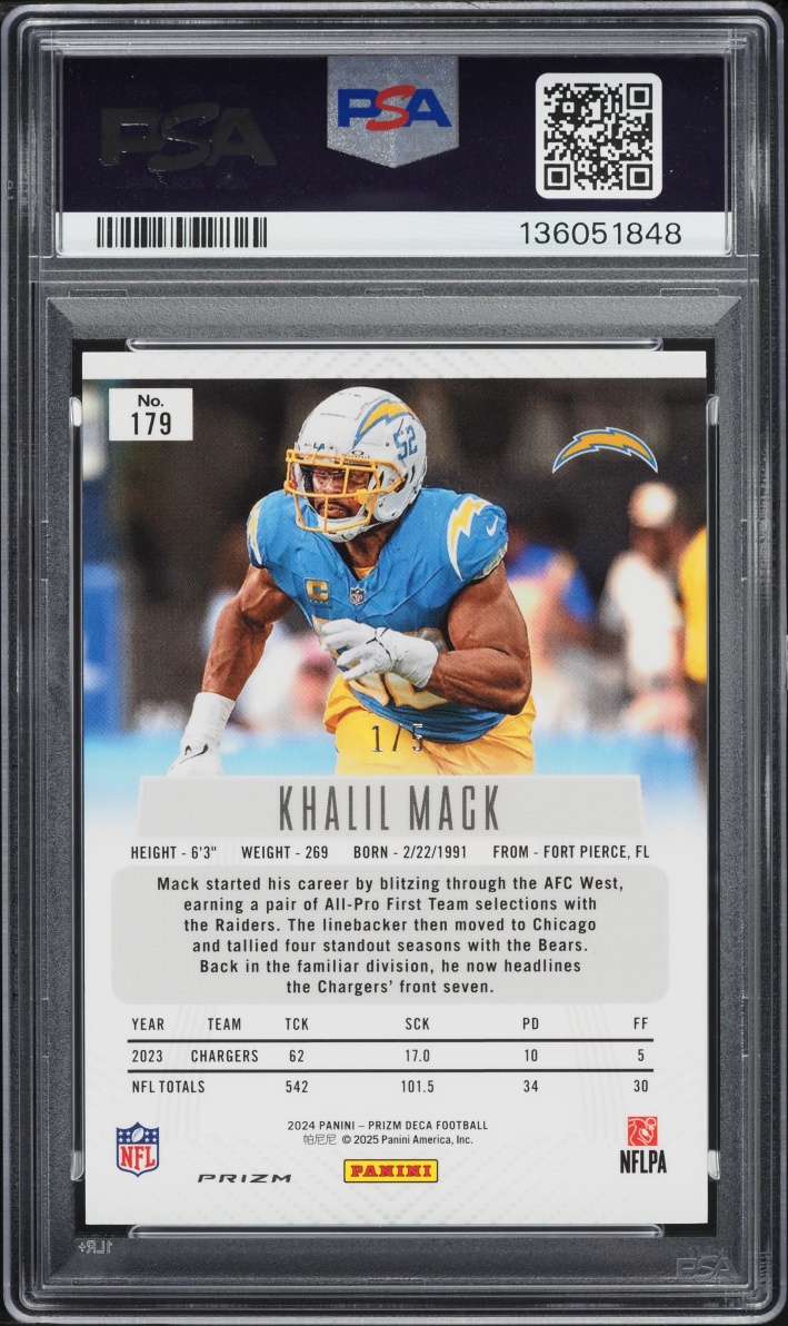 2024 Panini Prizm Deca Black Gold Prizm Khalil Mack 1/5 #179 PSA 8 NM-MT
