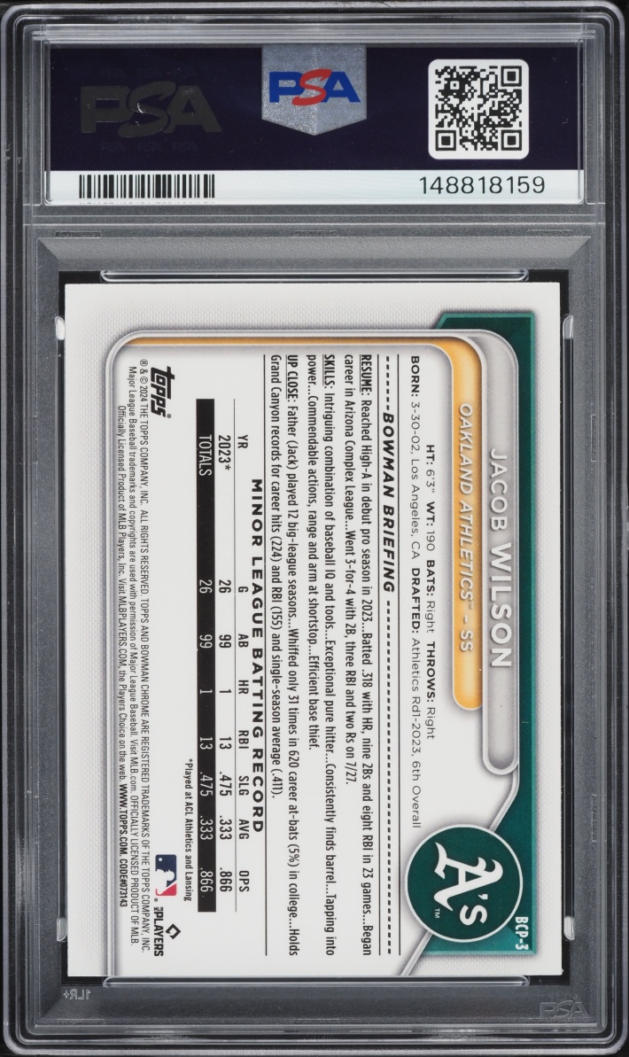 2024 Bowman Chrome Gold Shimmer Jacob Wilson /50 #BCP3 PSA 10 GEM MINT