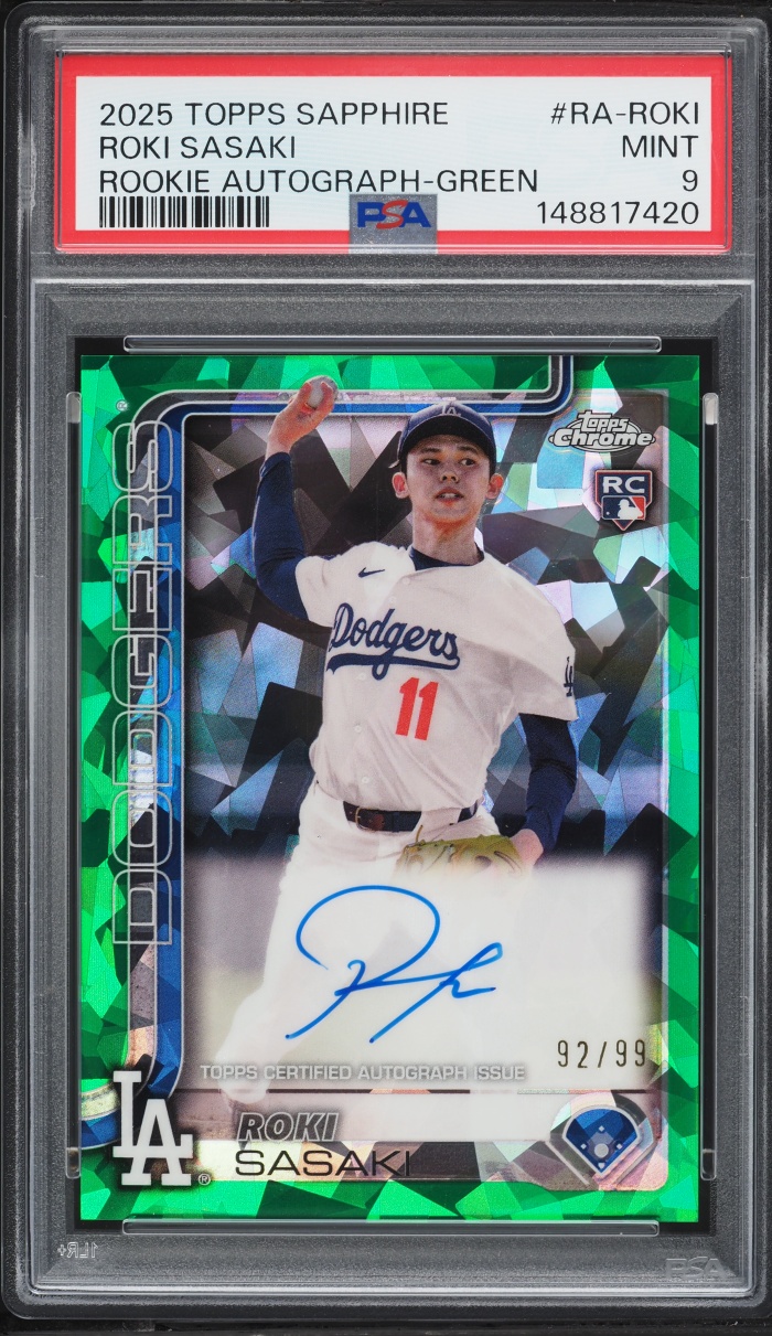 2025 Topps Chrome Sapphire Green Roki Sasaki ROOKIE AUTO /99 #RA-ROKI PSA 9 MINT