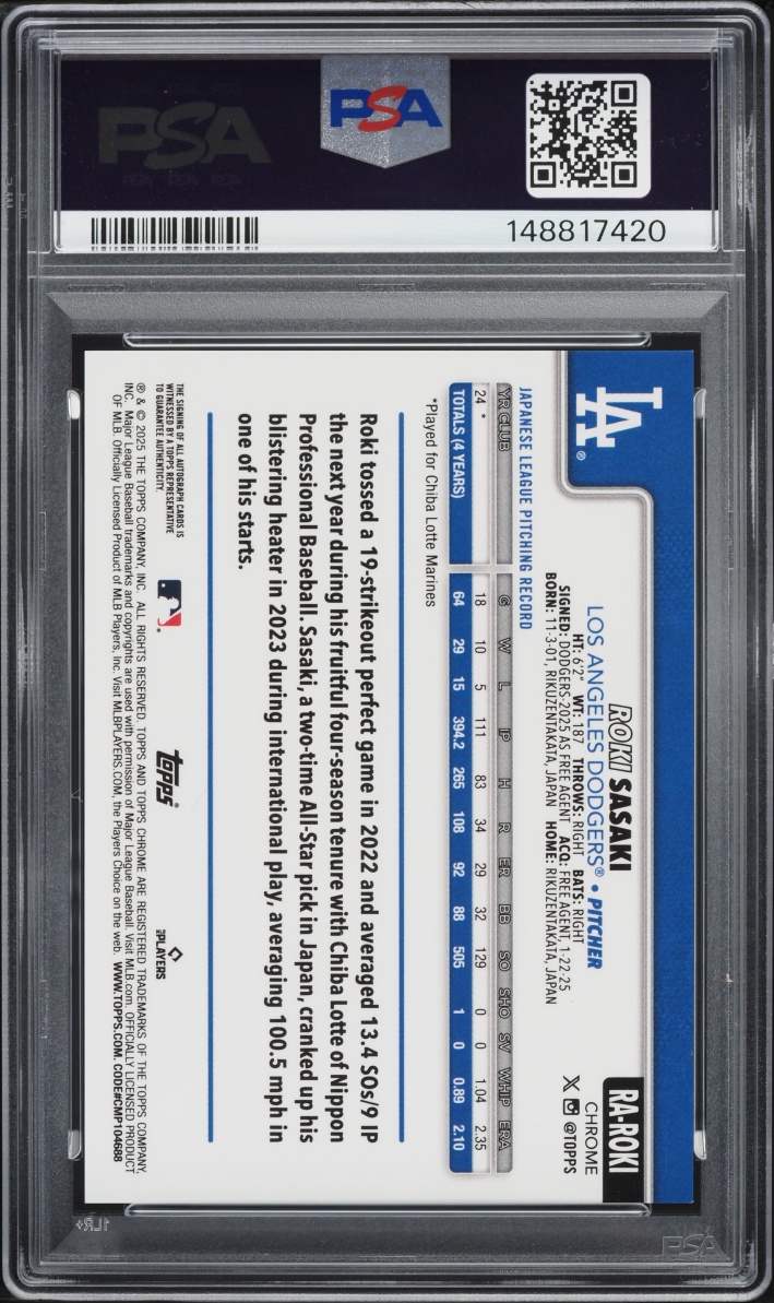 2025 Topps Chrome Sapphire Green Roki Sasaki ROOKIE AUTO /99 #RA-ROKI PSA 9 MINT
