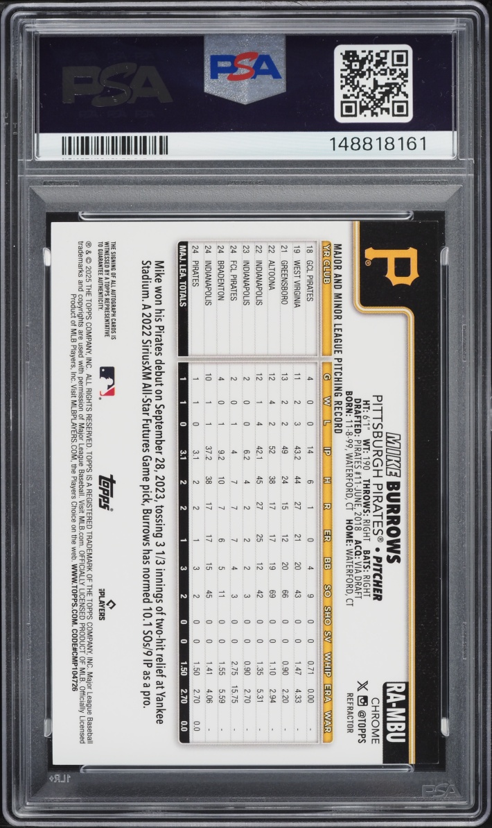 2025 Topps Chrome Refractor Mike Burrows ROOKIE AUTO /499 #RAMBU PSA 8 NM-MT