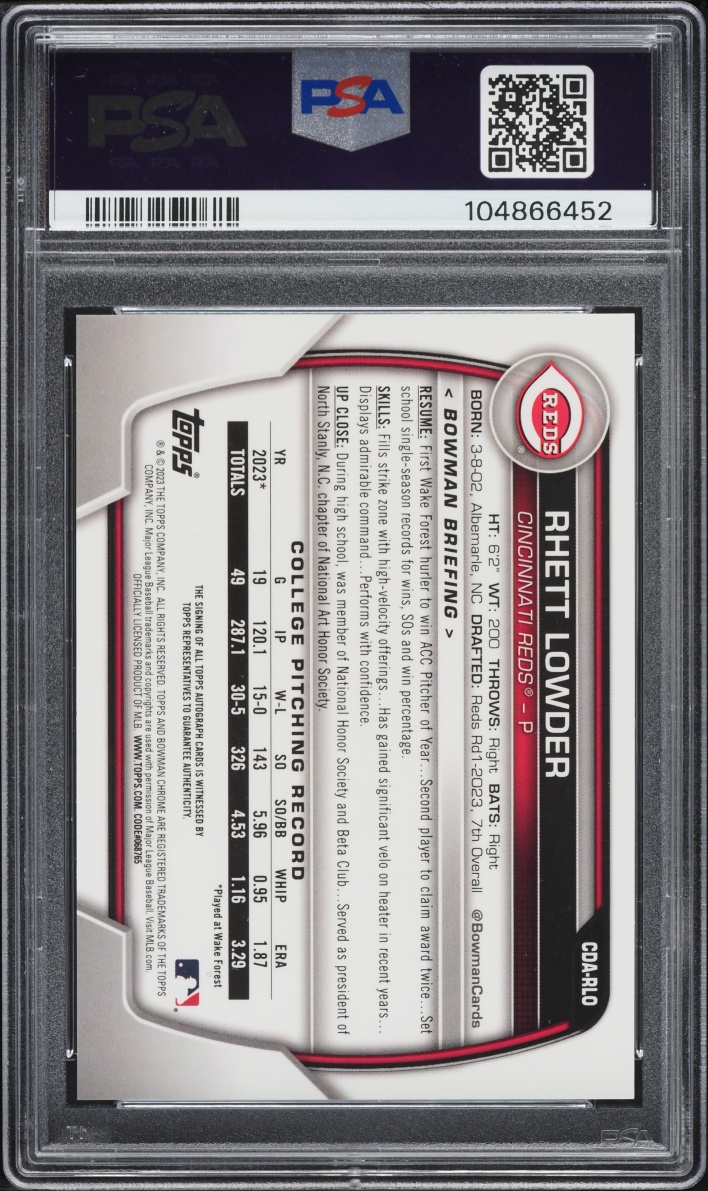 2023 Bowman Chrome Draft Rhett Lowder PROSPECT AUTO #CDA-RLO PSA 10 GEM MINT