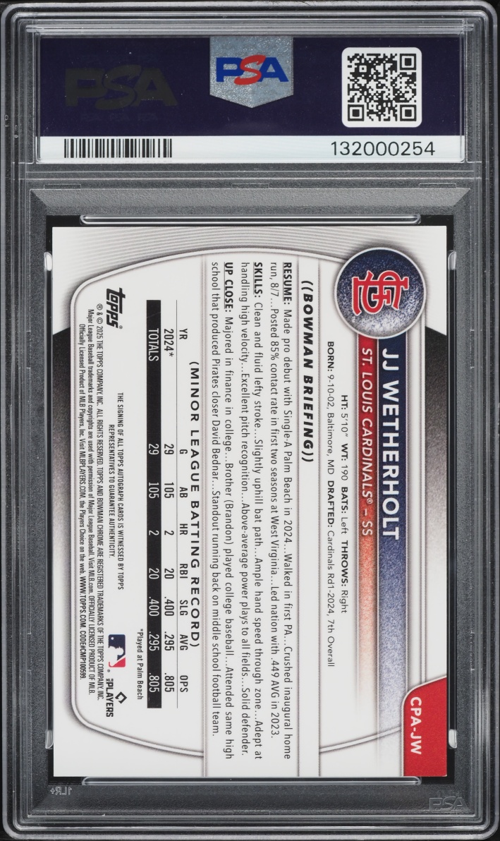 2025 Bowman Chrome JJ Wetherholt PROSPECT AUTO #CPA-JW PSA 9 MINT