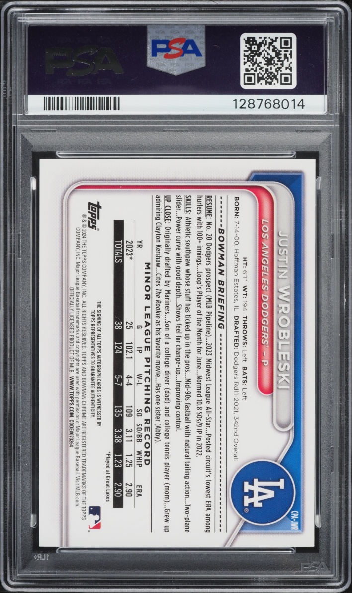 2024 Bowman Chrome Justin Wrobleski PROSPECT AUTO #CPA-JWR PSA 10 GEM MINT