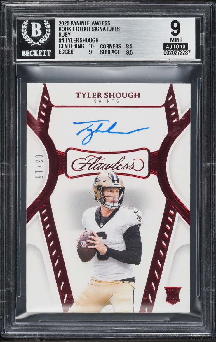 2025 Panini Flawless Debut Ruby Tyler Shough ROOKIE AUTO /15 #4 BGS 9 MINT