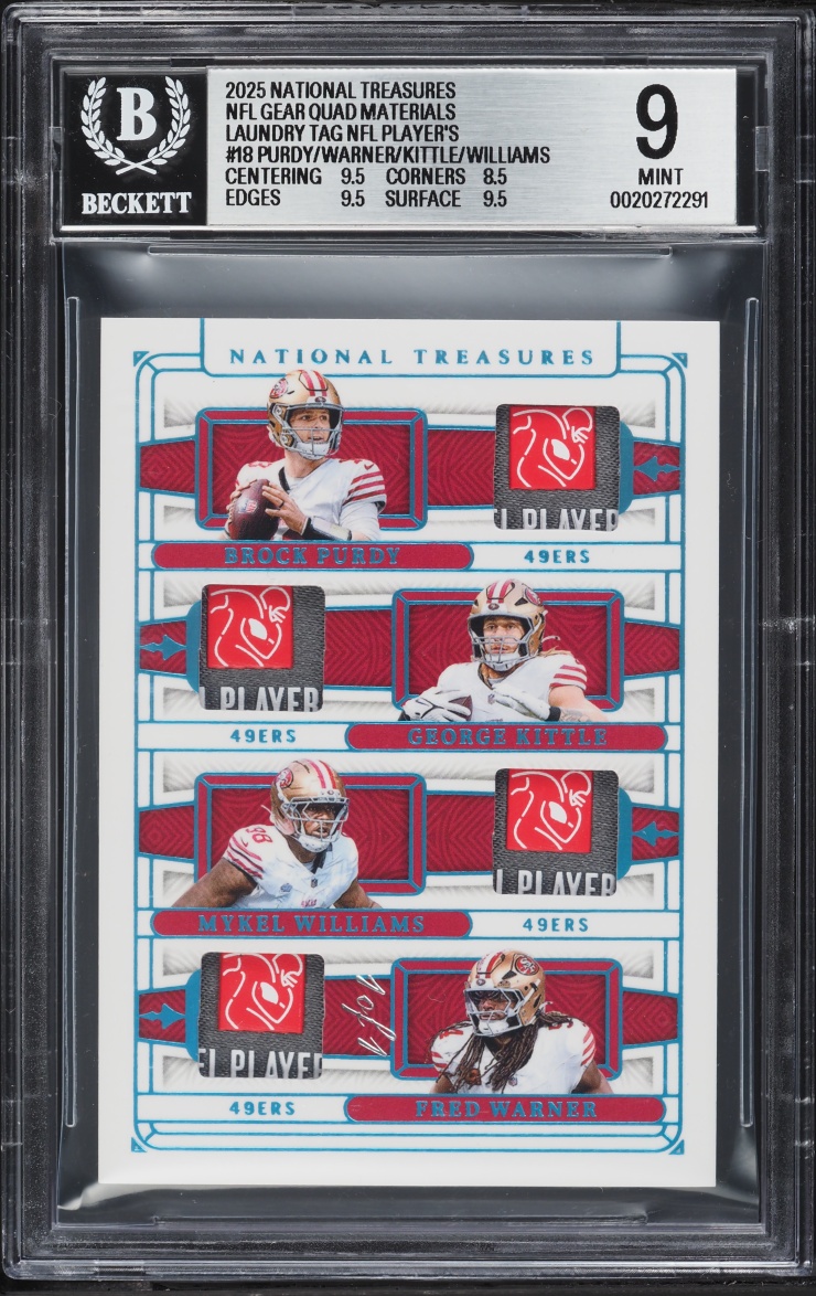 2025 National Treasures NFL Gear Laundry Tag Purdy Warner Kittle Williams PATCH 1/1 #18 BGS 9