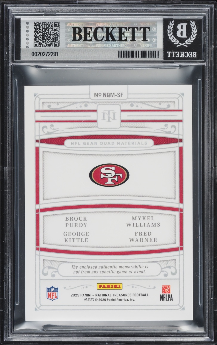 2025 National Treasures NFL Gear Laundry Tag Purdy Warner Kittle Williams PATCH 1/1 #18 BGS 9