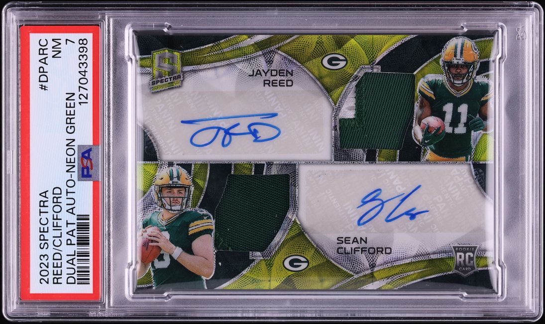 2023 Panini Spectra Dual Neon Green Jayden Reed Sean Clifford RC PATCH AUTO /35 #DPA-RC PSA 7