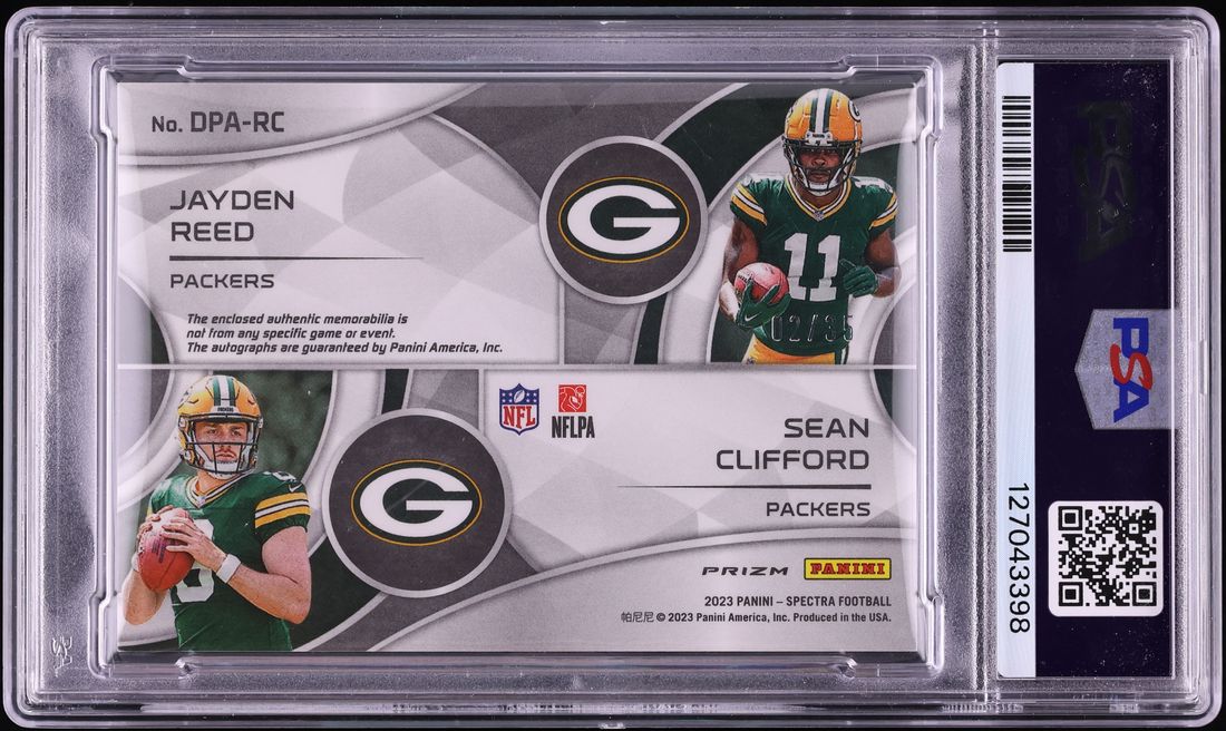 2023 Panini Spectra Dual Neon Green Jayden Reed Sean Clifford RC PATCH AUTO /35 #DPA-RC PSA 7