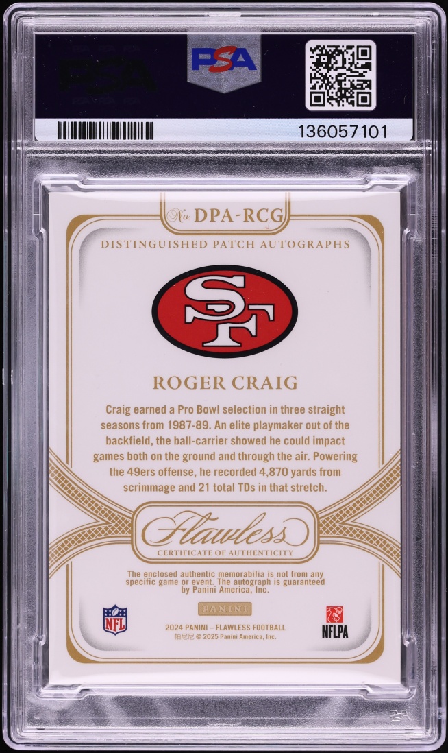 2024 Panini Flawless Distinguished Ruby Roger Craig PATCH AUTO /15 #DPA-RCG PSA 8 NM-MT