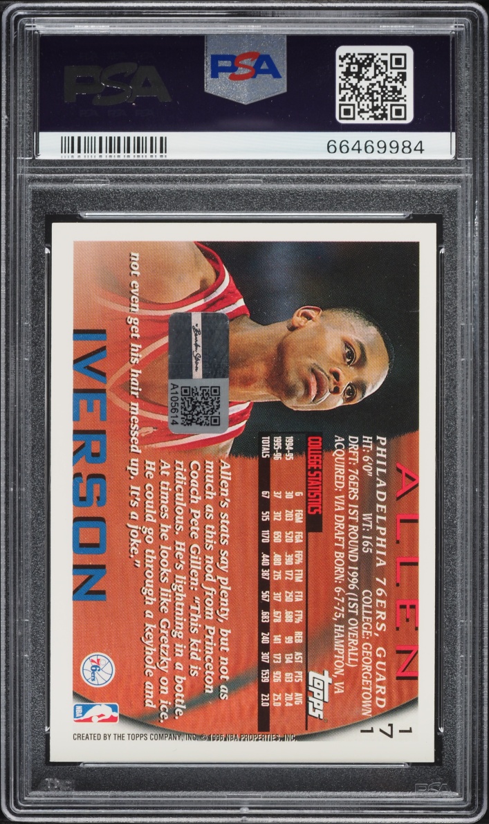 1996 Topps Basketball Allen Iverson ROOKIE AUTO #171 PSA AUTH