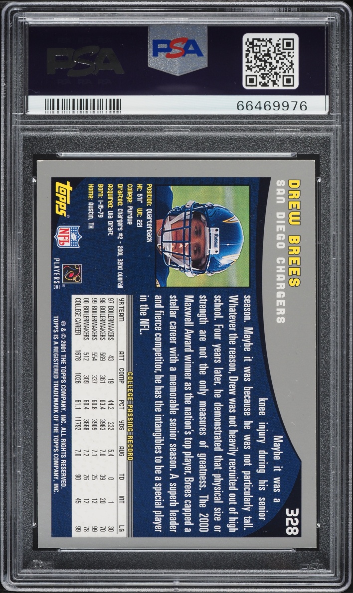 2001 Topps Football Drew Brees ROOKIE AUTO #328 PSA AUTH