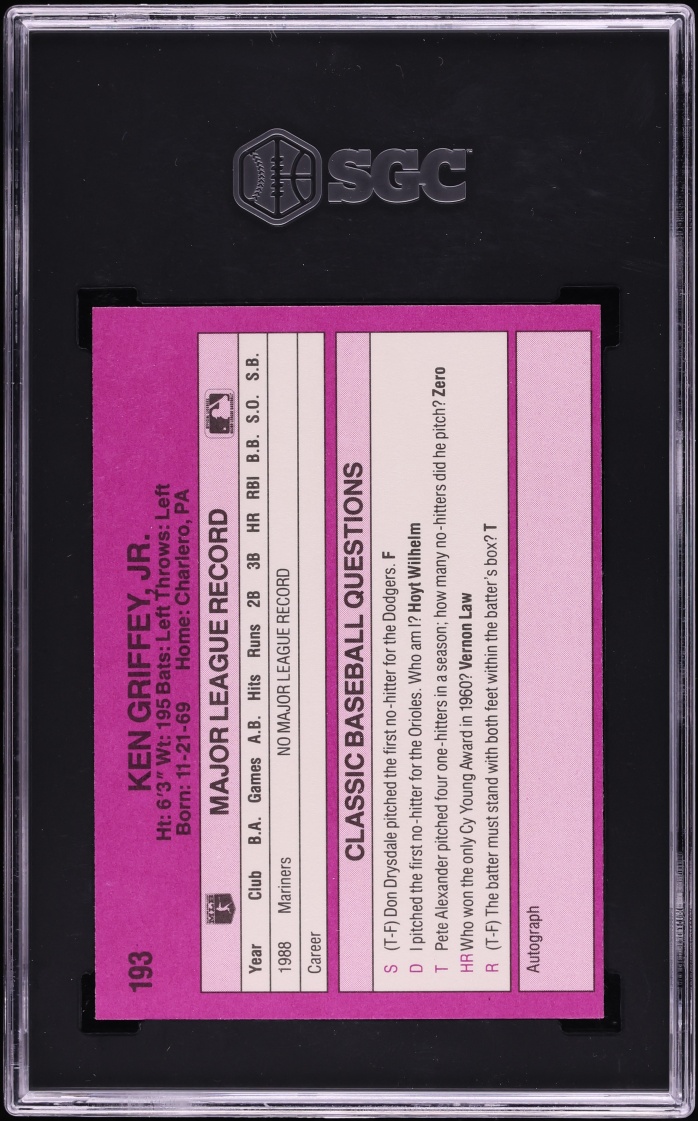 1989 Classic Ken Griffey Jr. ROOKIE #193 SGC 10 GEM MINT
