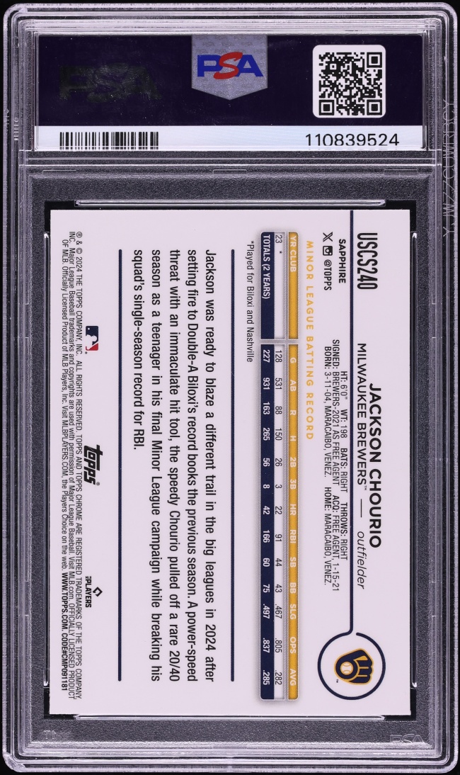2024 Topps Chrome Update Sapphire Edition Jackson Chourio ROOKIE #USCS240 PSA 10 GEM
