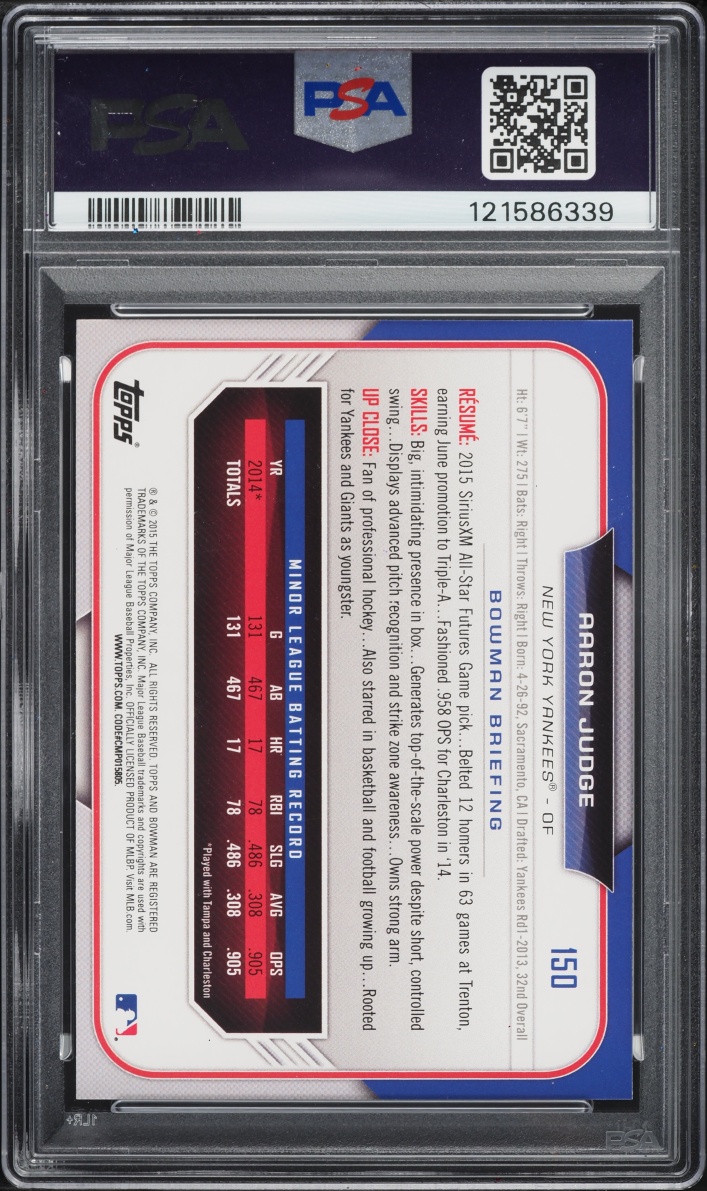 2015 Bowman Draft Aaron Judge PROSPECT #150 PSA 10 GEM MINT
