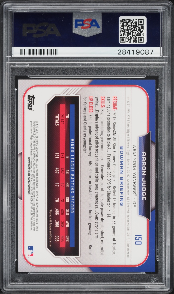 2015 Bowman Draft Aaron Judge PROSPECT #150 PSA 10 GEM MINT