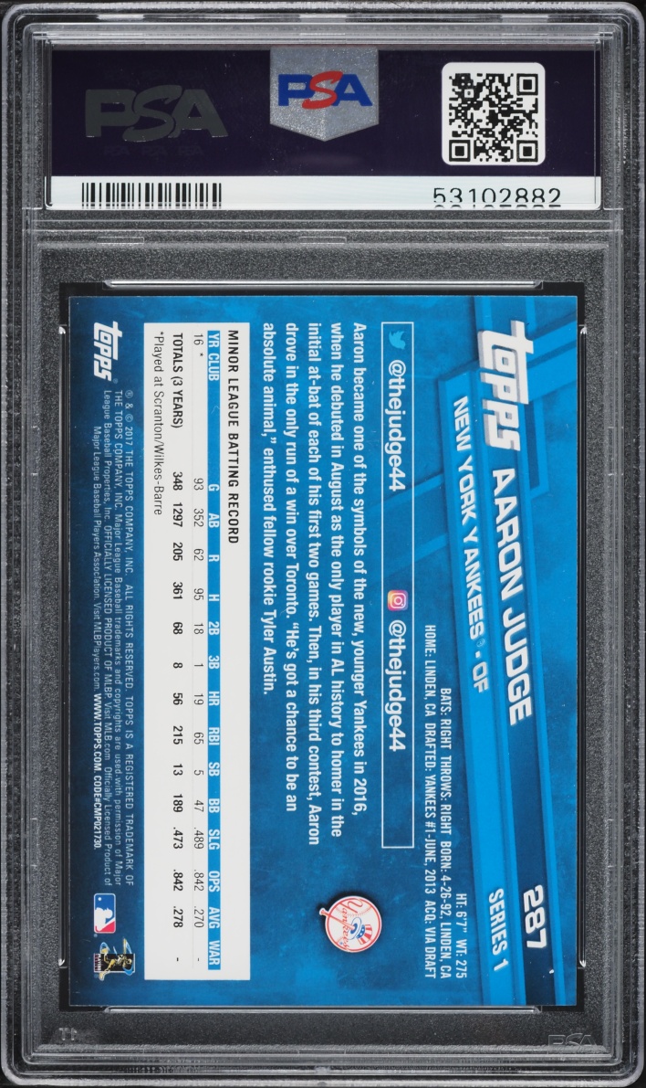 2017 Topps Aaron Judge ROOKIE #287 PSA 9 MINT