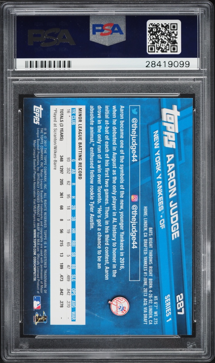 2017 Topps Aaron Judge ROOKIE #287 PSA 9 MINT