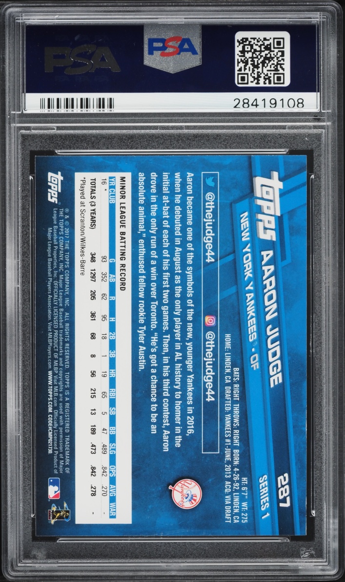 2017 Topps Aaron Judge ROOKIE #287 PSA 9 MINT
