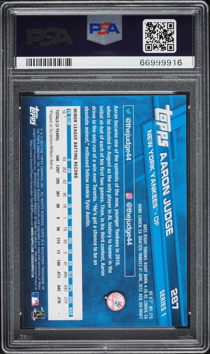 2017 Topps Aaron Judge ROOKIE #287 PSA 9 MINT