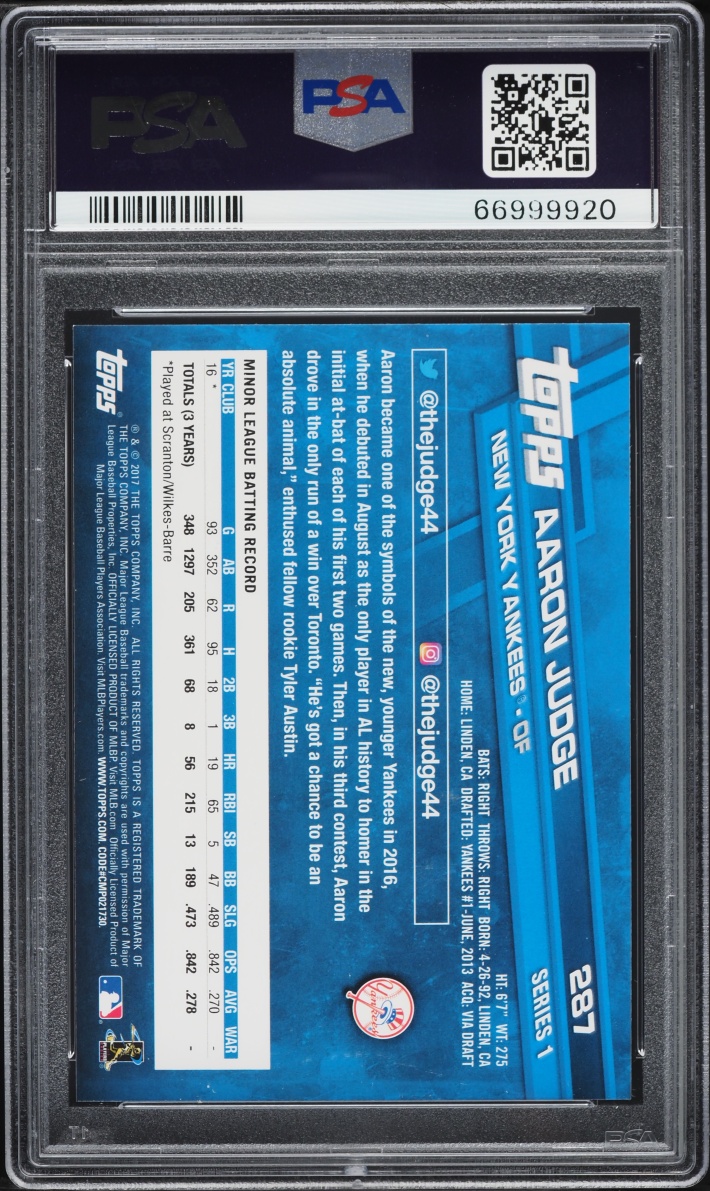 2017 Topps Aaron Judge ROOKIE #287 PSA 9 MINT