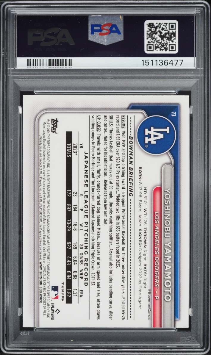 2024 Bowman Chrome Mega Box Yoshinobu Yamamoto ROOKIE #73 PSA 10 GEM MINT