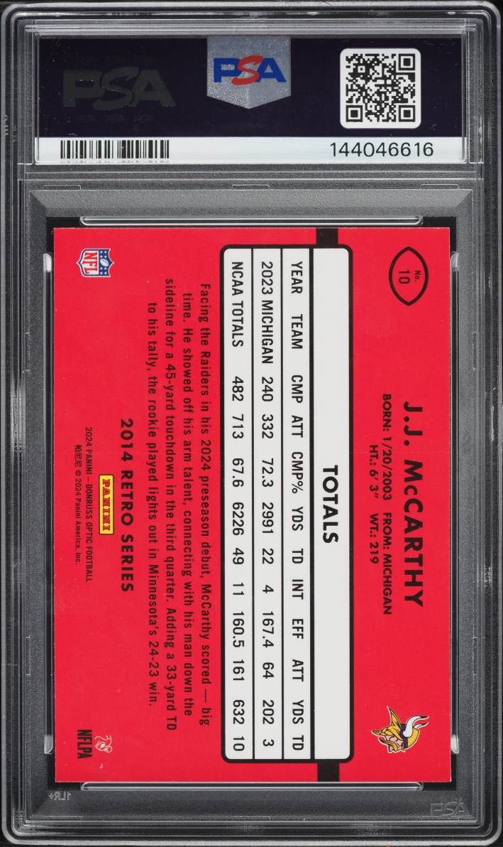 2024 Donruss Optic '14 Retro Series J.J. McCarthy ROOKIE #10 PSA 10 GEM MINT