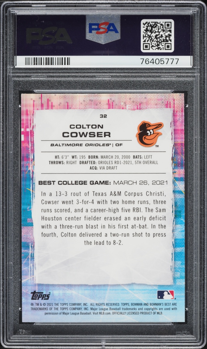 2021 Bowman's Best Atomic Refractor Colton Cowser #32 PSA 10 GEM MINT