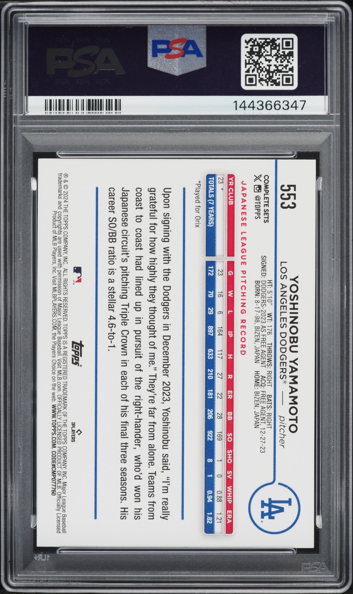 2024 Topps Complete Set Variation Yoshinobu Yamamoto ROOKIE #553 PSA 10 GEM MINT