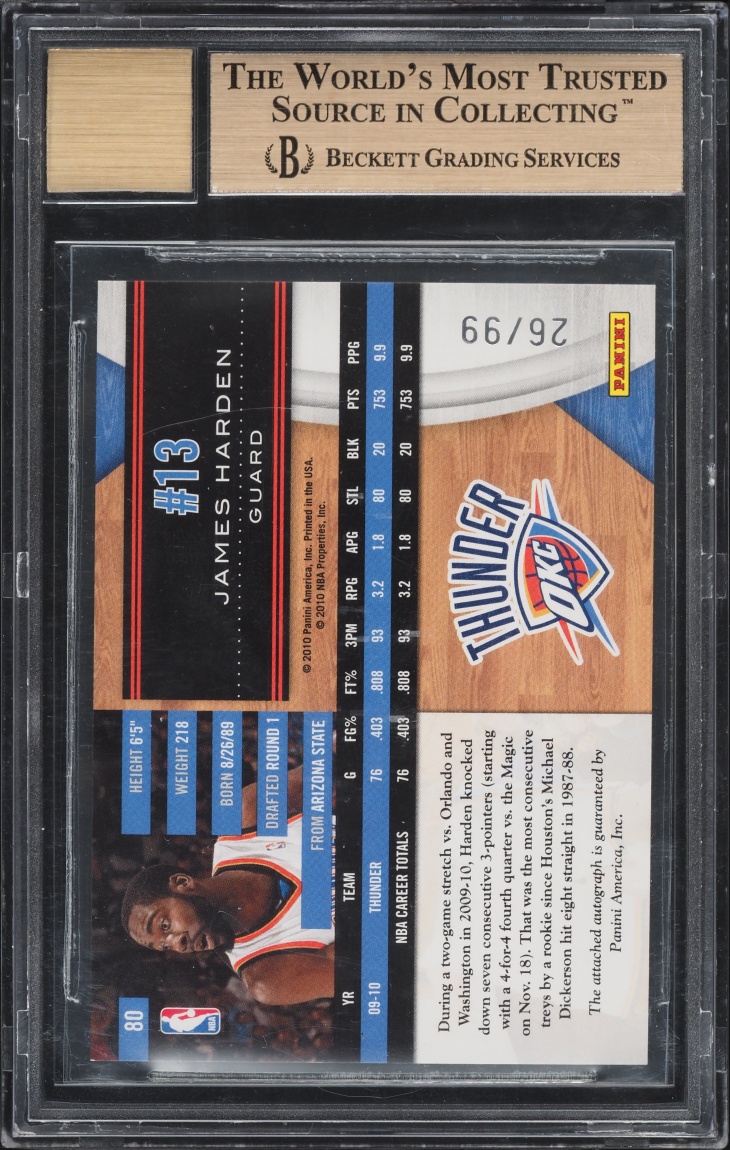 2010 Limited Monikers Gold James Harden AUTO /99 #80 BGS 9.5 GEM MINT