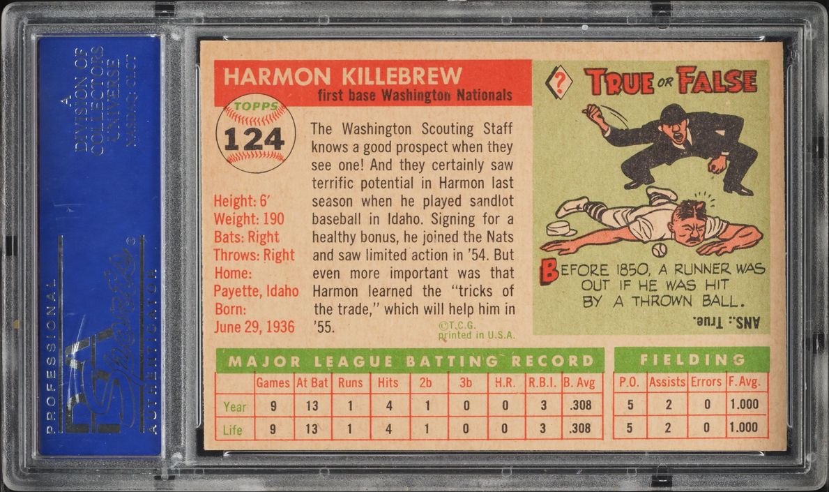 1955 Topps Harmon Killebrew ROOKIE #124 PSA 8 NM-MT