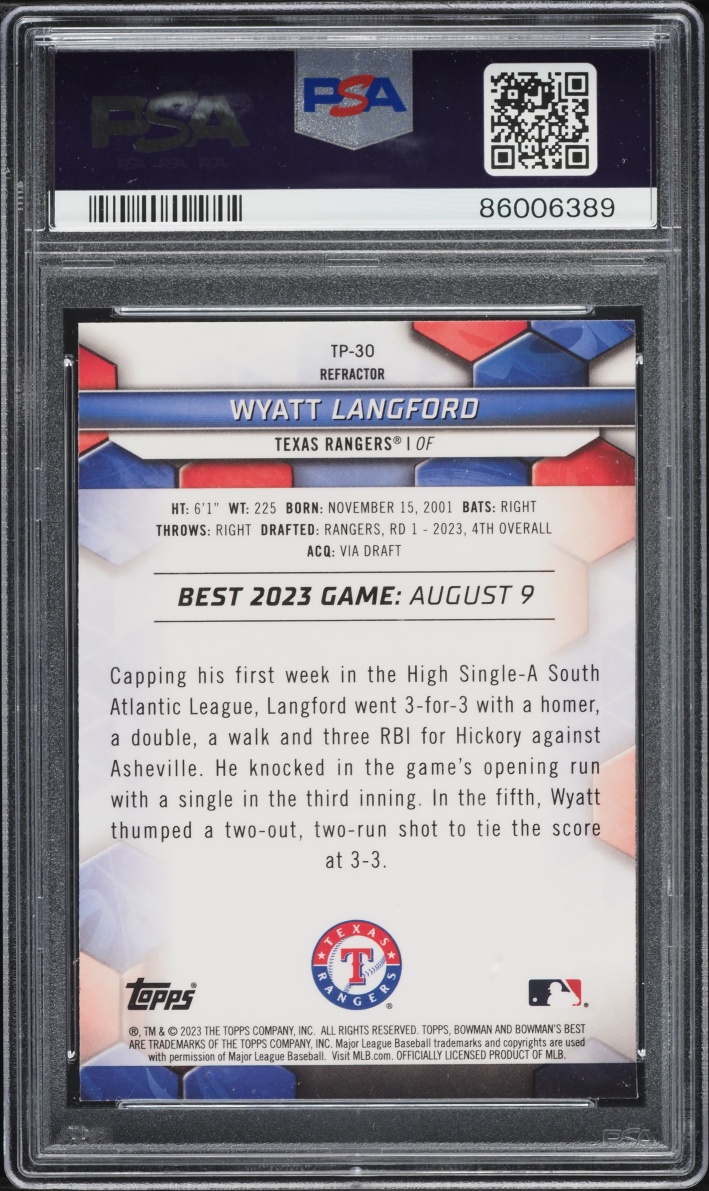 2023 Bowman's Best Top Prospects Refractor Wyatt Langford PROSPECT #TP-30 PSA 10 GEM MINT