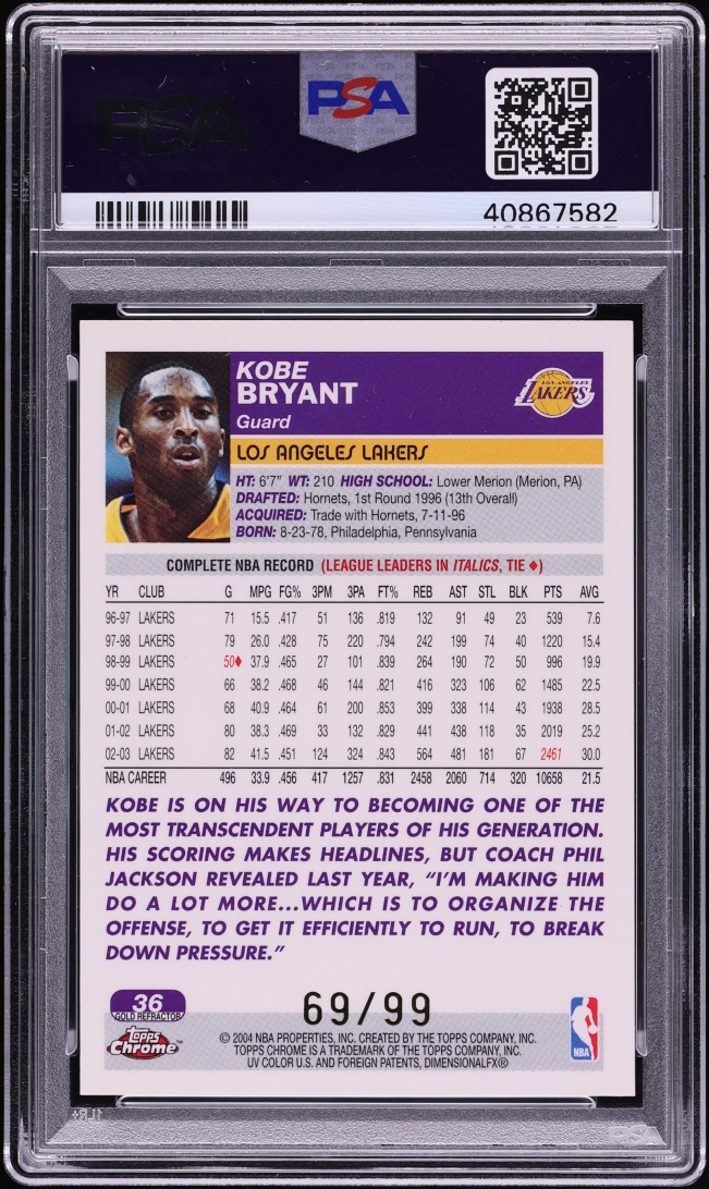 2003 Topps Chrome Gold Refractor Kobe Bryant /99 #36 PSA 10 GEM MINT