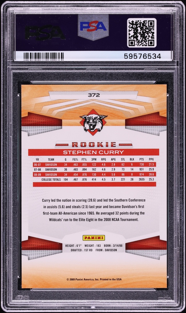 2009 Panini Basketball Stephen Curry ROOKIE #372 PSA 9 MINT