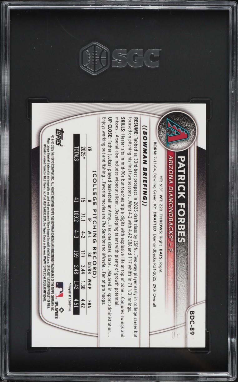 2025 Bowman Chrome Draft Mega Box Gold Refractor Patrick Forbes PROSPECT /50 #BDC-89 SGC 9 MINT