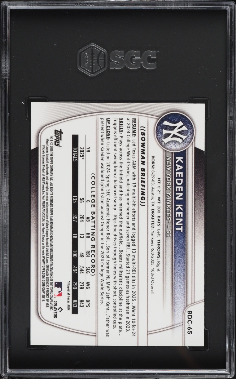 2025 Bowman Chrome Draft Mega Box Orange Refractor Kaeden Kent PROSPECT /25 #BDC-65 SGC 10 GEM