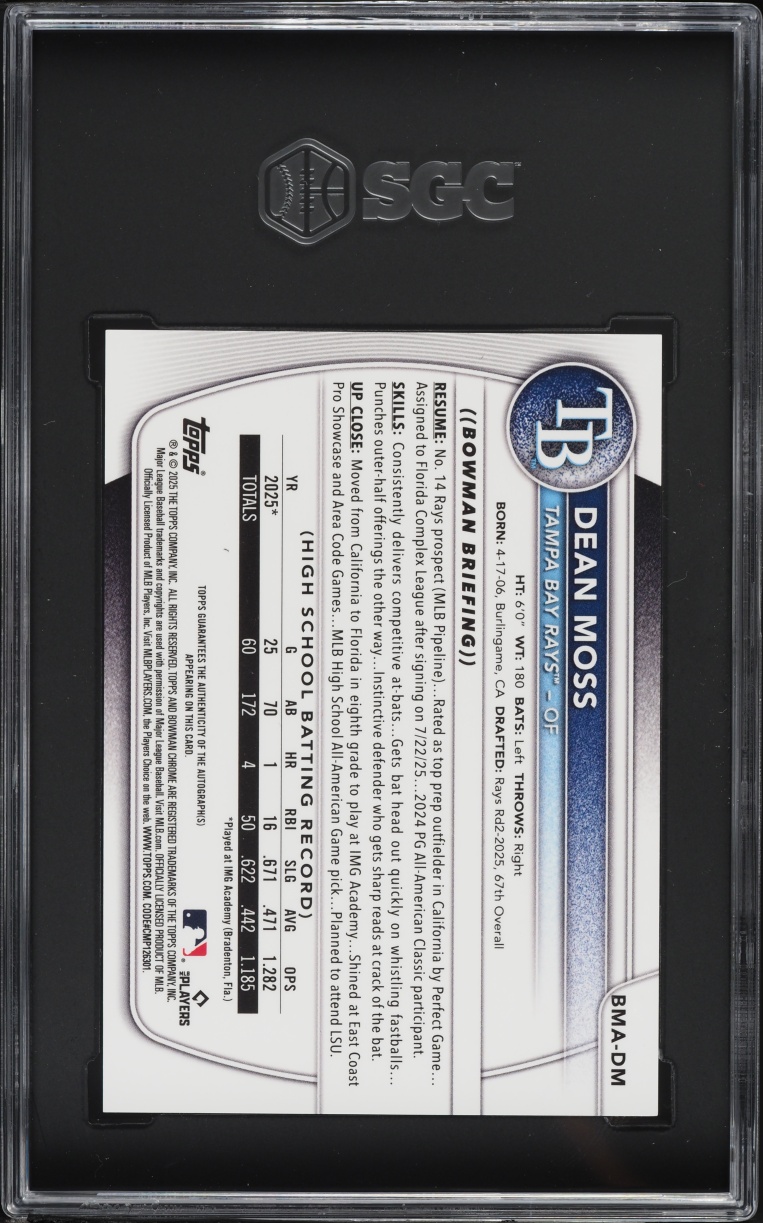 2025 Bowman Chrome Draft Mega Box Dean Moss PROSPECT AUTO #BMA-DM SGC 10 GEM MINT