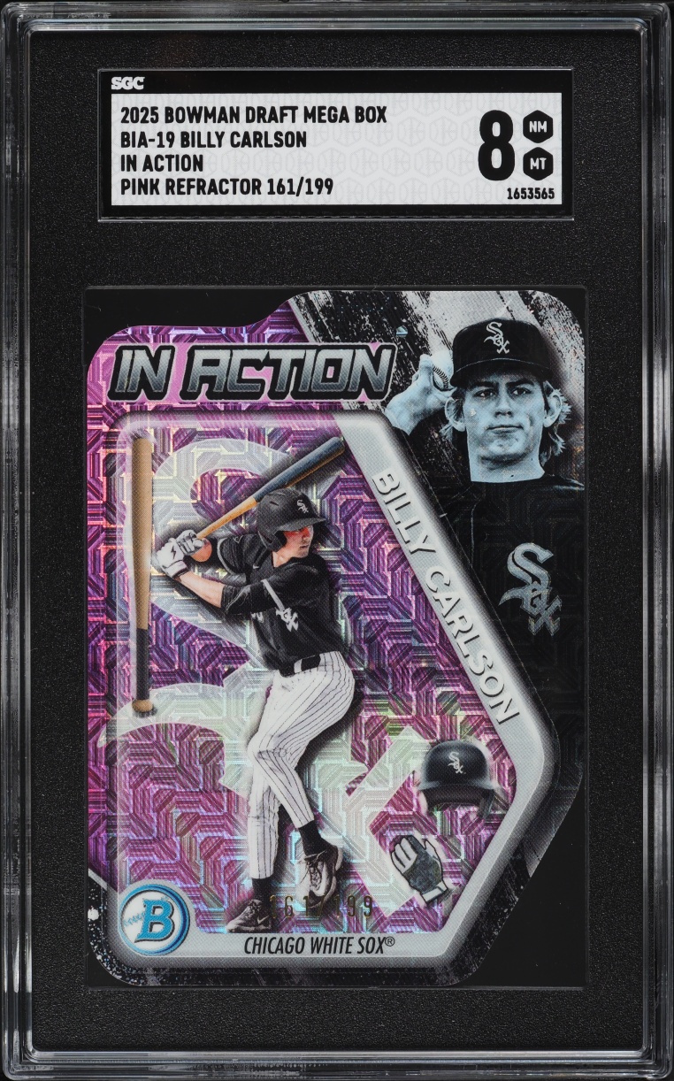 2025 Bowman Chrome Draft Mega Box In Action Pink Ref Billy Carlson PROSPECT /199 SGC 8 NM-MT