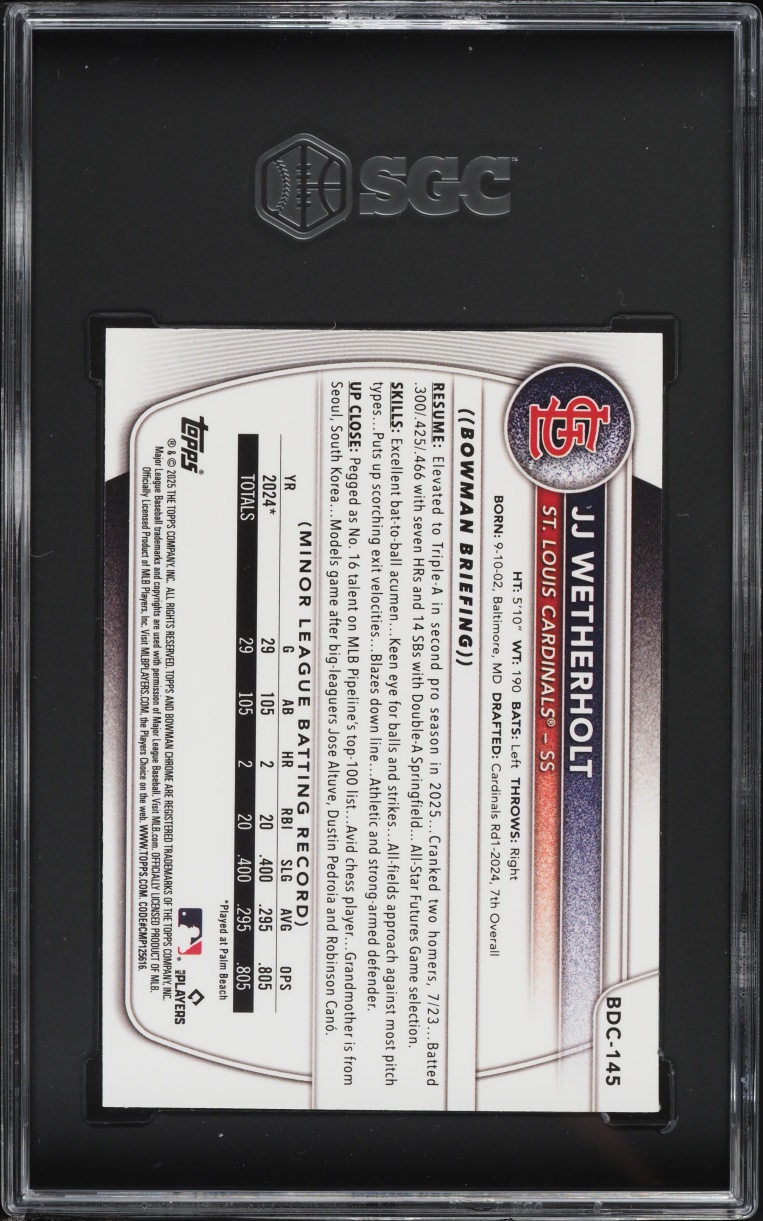 2025 Bowman Chrome Draft Mega Box Blue Refractor JJ Wetherholt PROSPECT /150 #BDC-145 SGC 7