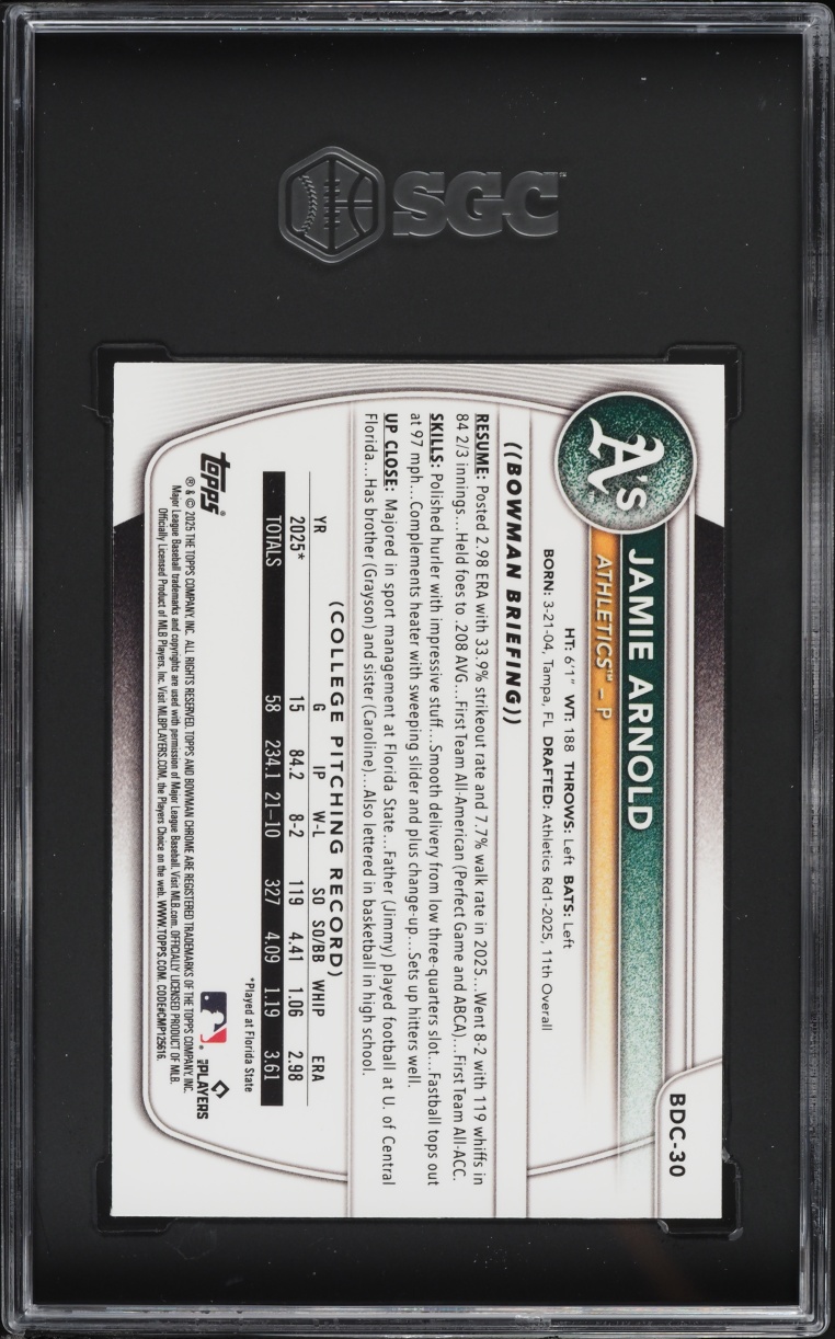 2025 Bowman Chrome Draft Mega Box Jamie Arnold PROSPECT #BDC-30 SGC 10 GEM MINT