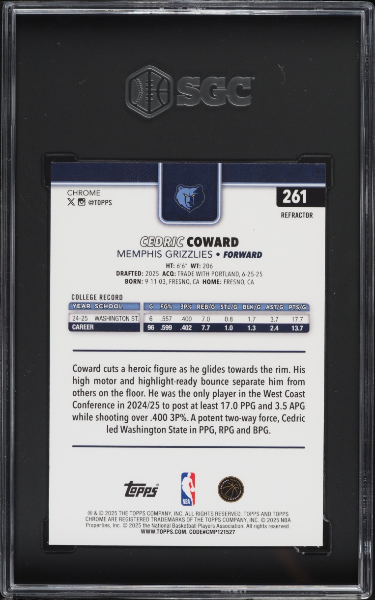 2025 Topps Chrome Refractor Cedric Coward ROOKIE #261 SGC 9.5 MINT+