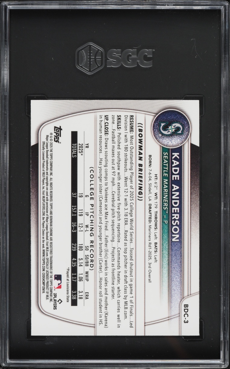 2025 Bowman Chrome Draft Mega Box Blue Refractor Kade Anderson PROSPECT /150 #BDC-3 SGC 8 NM-MT