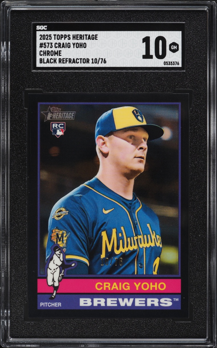 2025 Topps Heritage Chrome Black Refractor Craig Yoho ROOKIE /76 #573 SGC 10 GEM MINT