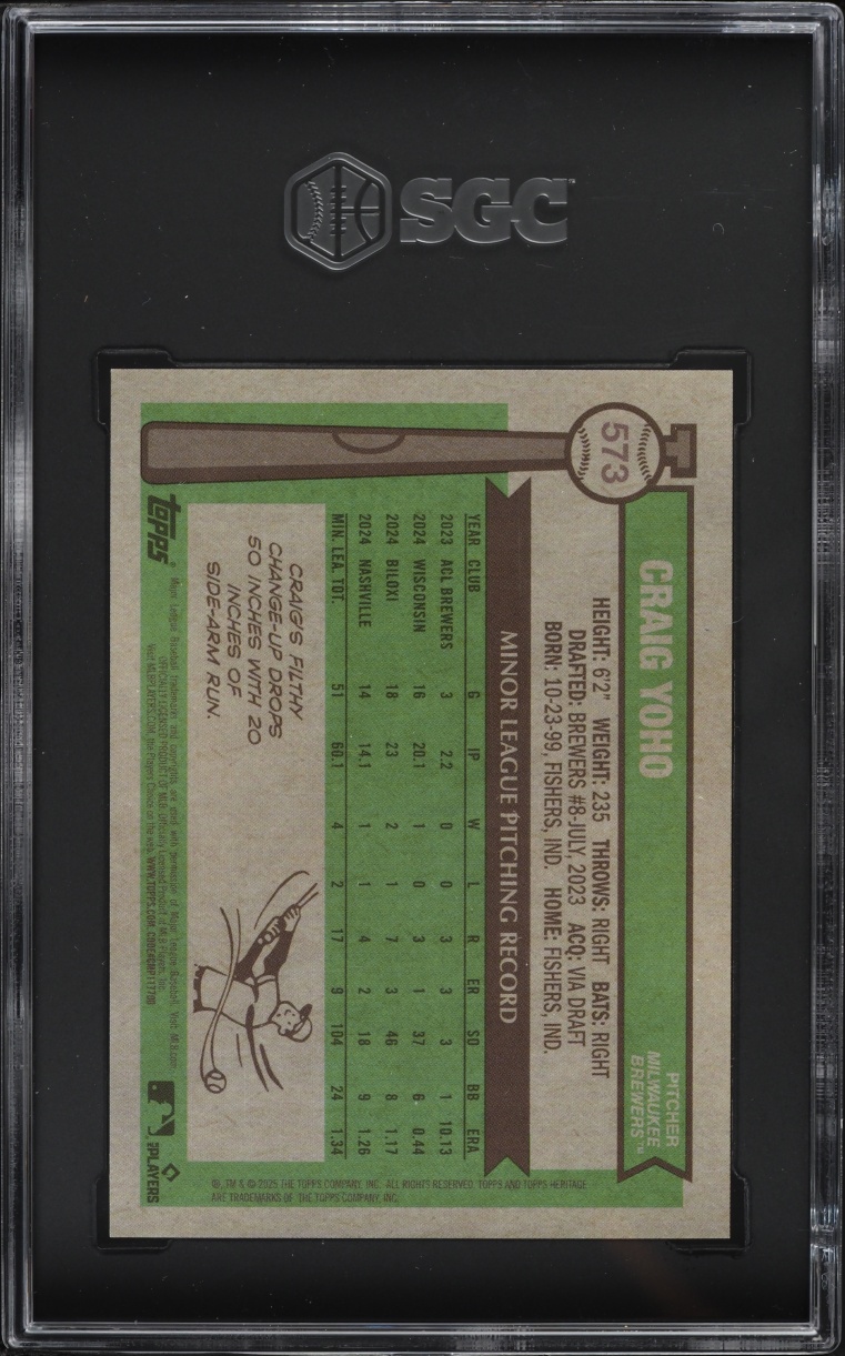 2025 Topps Heritage Chrome Black Refractor Craig Yoho ROOKIE /76 #573 SGC 10 GEM MINT