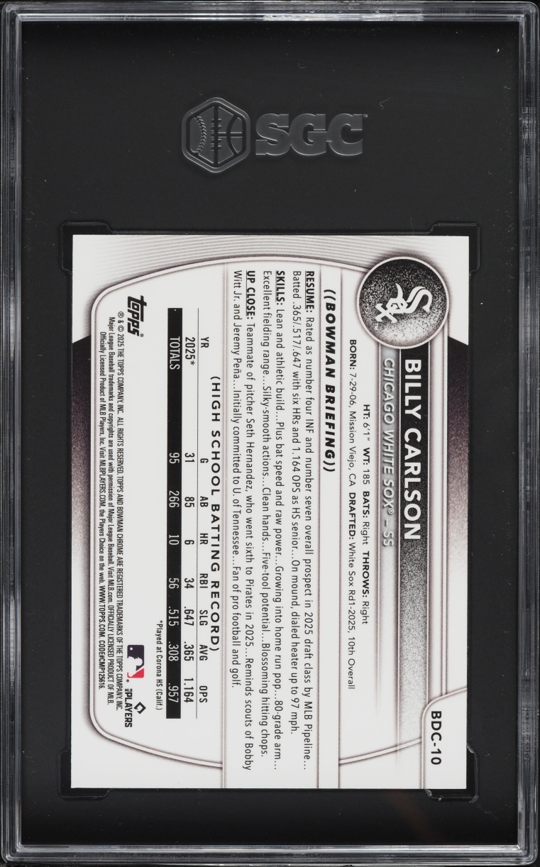 2025 Bowman Chrome Draft Mega Box Billy Carlson PROSPECT #BDC-10 SGC 10 GEM MINT