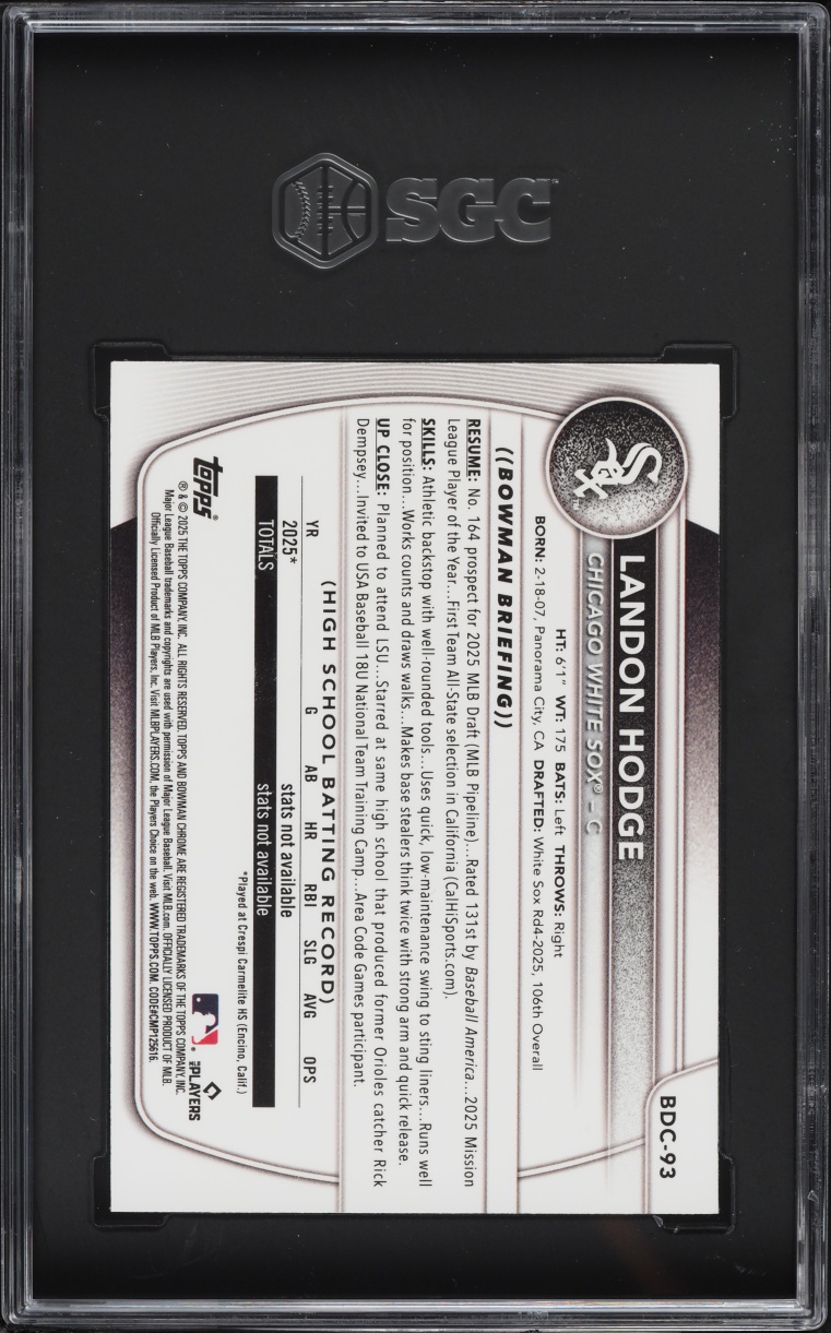 2025 Bowman Chrome Draft Mega Box Blue Ref Landon Hodge PROSPECT /150 #BDC-93 SGC 9.5 MINT+