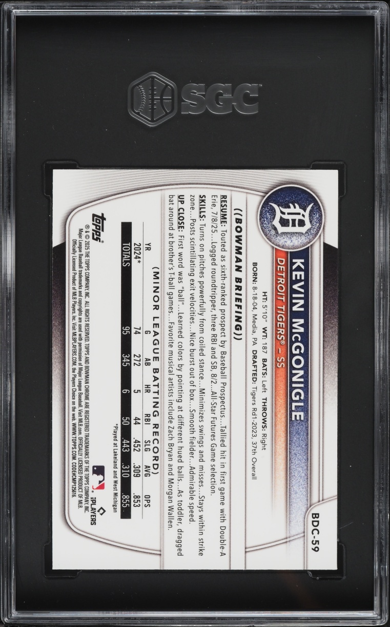 2025 Bowman Chrome Draft Mega Box Kevin Mcgonigle PROSPECT #BDC-59 SGC 8.5 NM-MT+