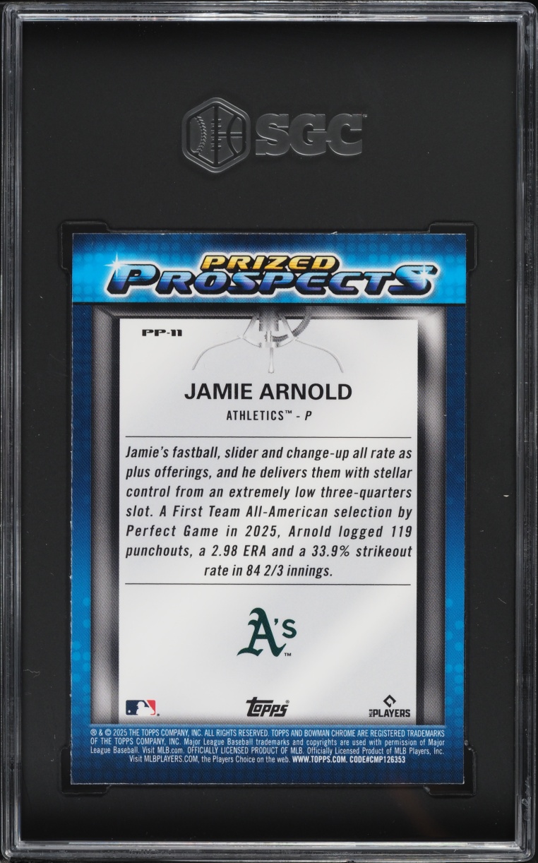 2025 Bowman Chrome Draft Mega Box Prized Jamie Arnold PROSPECT #PP-11 SGC 10 GEM MINT