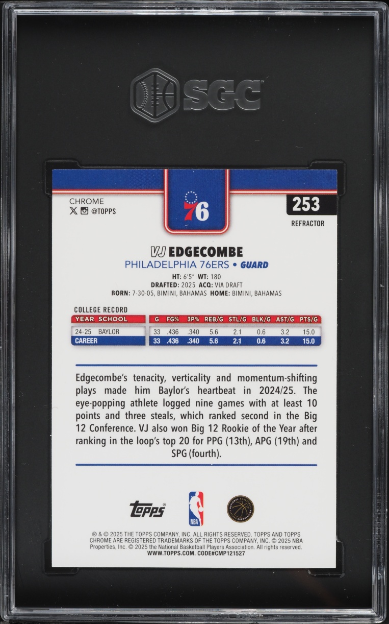2025 Topps Chrome Refractor VJ Edgecombe ROOKIE #253 SGC 10 GEM MINT
