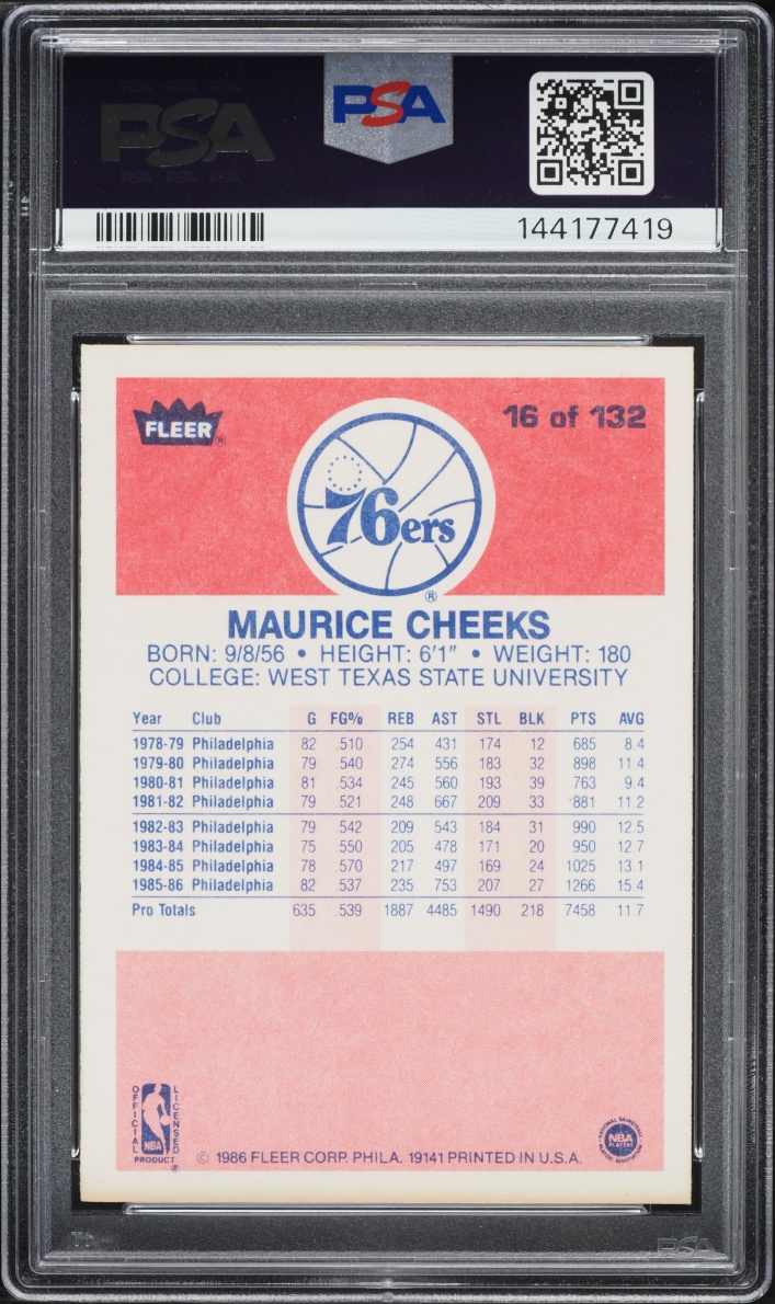 1986 Fleer Basketball Maurice Cheeks #16 PSA 8 NM-MT